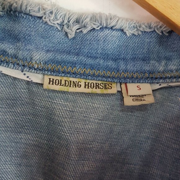 Holding Horses Raw Edge Denim Popover Tunic Blouse Linen Blend - Picture 2 of 6